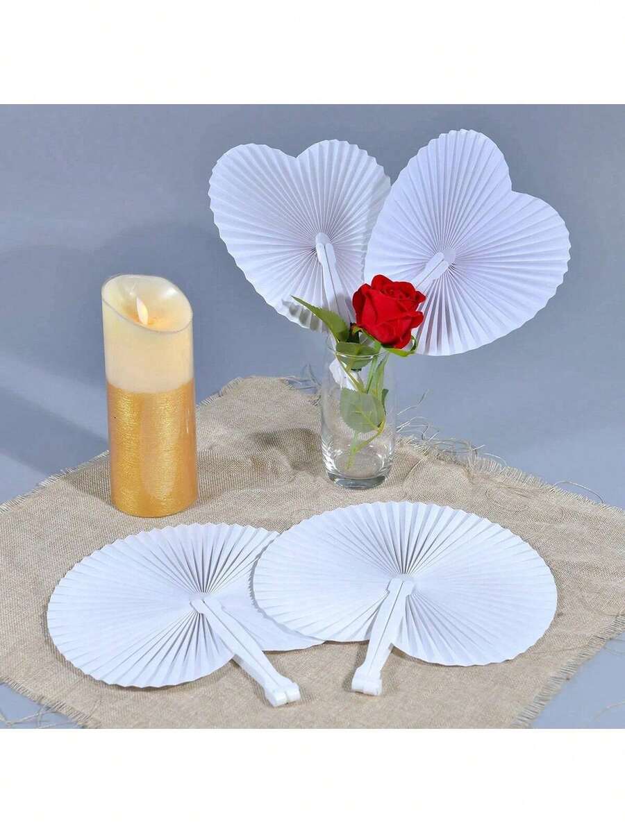 1/10/30/50/80/100 chiếc Quạt xếp hình trái tim màu trắng, Quạt xếp du lịch hình trái tim, Quạt hình trái tim màu trắng, Mặt quạt họa tiết hoa và chim ngẫu nhiên (Mặt quạt làm bằng giấy, dễ vỡ, vui lòng cẩn thận khi sử dụng) - Vòng tròn màu trắng - Xem 1