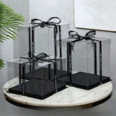 1 Stück 15 cm schwarze elegante Inspiration Kuchenschachtel: Transparent, mehrstöckig, quadratisches Design geeignet für Kuchen, Kekse, frische Blumen und Geschenke - Handwäsche, PET-Material, wiederverwendbar