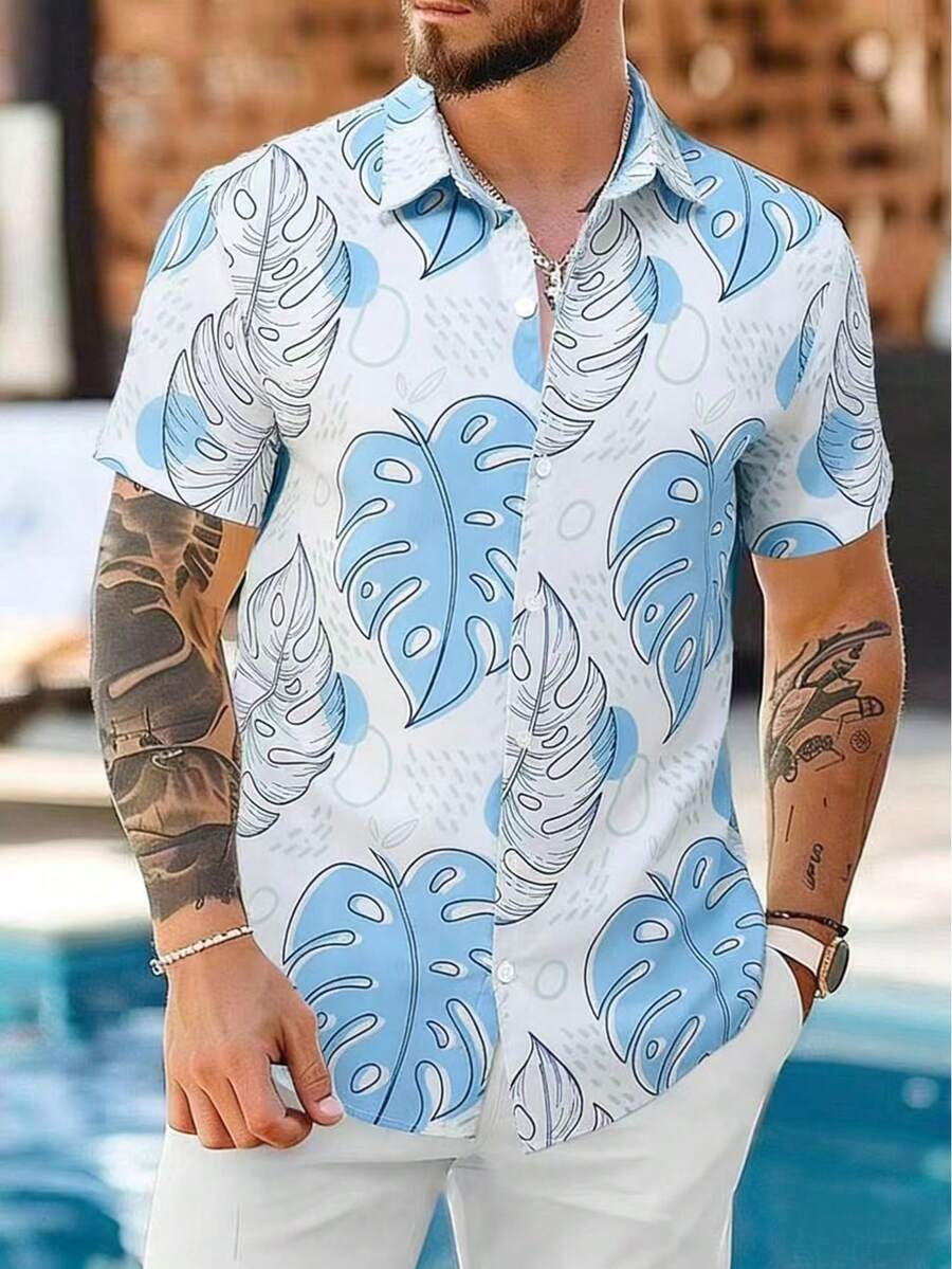 Áo sơ mi Hawaii tay ngắn thường ngày cho nam, họa tiết tre lưng rùa màu xanh da trời, mùa hè - Màu xanh nhạt - Xem 1