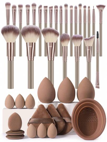 41PCS Makeup Tools Set Including:25PCS Makeup Brush Set+6PCS Mini Makeup Sponges+3PCS Makeup Sponges+3PCS Mini Air Cushion Powder Puffs+3PCS Triangle Powder Puffs+1pc Makeup Brush Cleaning Tools,All-In-One & Beginner-Friendly | Travel-Ready & Gift-Ready | Perfect For Newbies/Her