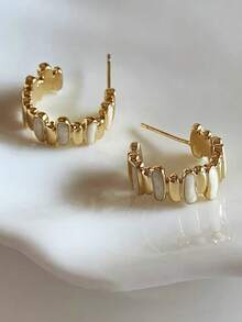 1 Pair Minimalist Elegant Asymmetrical Geometric White Enamel Dangle Earrings, Niche High-End Casual Daily Wear For Women - Golden Yellow+White - View 6