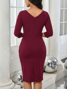 女士复古修身七分袖商务铅笔裙，优雅春季款 - 酒紅色 - 查看 2