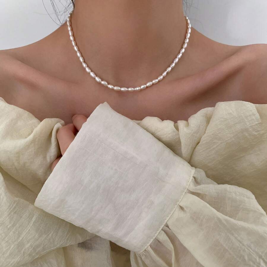 Natural Freshwater Pearl Necklace For Women, Fashionable Baroque Collarbone Chain, Niche Design, 14K Gold-Plated Choker, Sweater Chain - 5-Millet Pearl Medium - Xem 1