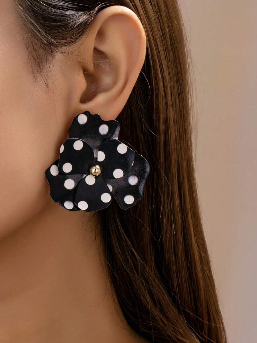 1 Pair Retro Polka Dot Floral Earrings - Fashionable Large Flower Earrings For Spring/Summer - Exaggerated Floral Statement Earrings For Women - Flower Earrings - View 1