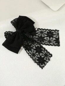 1个女士优雅蕾丝珍珠蝴蝶结发夹，黑色，适合春夏日常休闲佩戴 - 黑色 - 查看 6