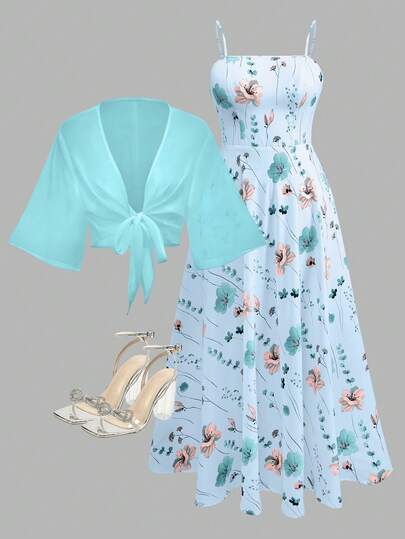 Women's Elegant Ditsy Floral Chiffon Dress & Jacket Two Pieces Set, Fashionable Outfit For Date, Holiday, Casual Wear Spring