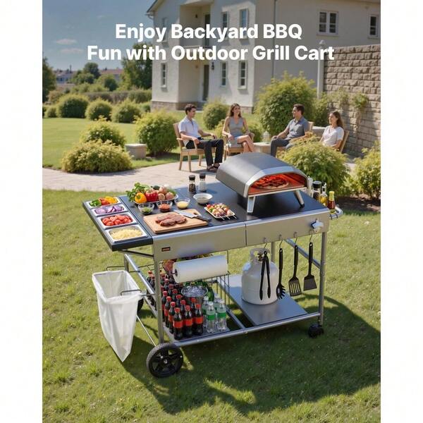 Outdoor Grill Cart 36.4 X 23.4 X 1 Inch Tabletop Size Grilling Table Movable Outdoor Cooking Table With 4 Spice Containers Wheels Lids Hooks BBQ Prep Tables For Picnic Kitchen Courtyard