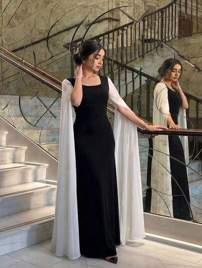 1pc Elegant Black & White Patchwork Square Collar Long Sleeve Dress, Suitable For Formal Or Evening Occasions All Year Round