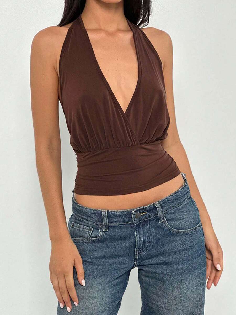 Women's Summer Halter Tops Stylish Solid Ruched Slim Fit Backless Sleeveless Vest - 棕色 - 查看 1