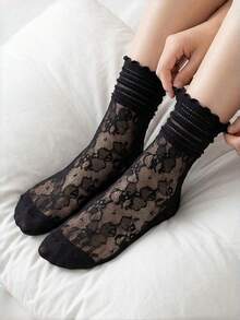 Hart & Haze 1 Pair/3 Pairs Women's Thin Japanese JK Style Mary Jane Lace Mesh Breathable Floral Crew Socks, Suitable For Spring/Summer Wear With Loafers - Multicolor - View 11