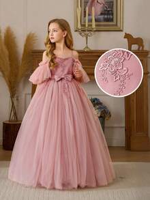 少女粉色蕾丝边蝴蝶结优雅圣诞派对礼服，公主裙，适合女孩生日派对、婚礼花童、舞会、感恩节、毕业典礼等场合。 - 粉色 - 查看 12