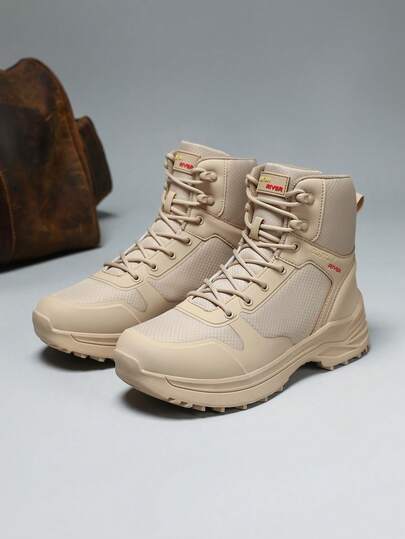 男士高帮战术靴一双 | 侧拉链+系带设计 | 织物拼接鞋面 | 耐磨橡胶外底 | 军用风格工装靴，适合户外徒步和远足 | 多种颜色可选 | 四季皆宜，适合户外探险、作战训练和日常通勤