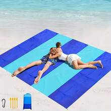 [4-7 Adults Beach Blanket] Lightweight Oversized Picnic Beach Blanket| 4-7 Adults, Sandproof, Large Picnic Mat For Beach Travel Camping Hiking - 藍橙 - 查看 1
