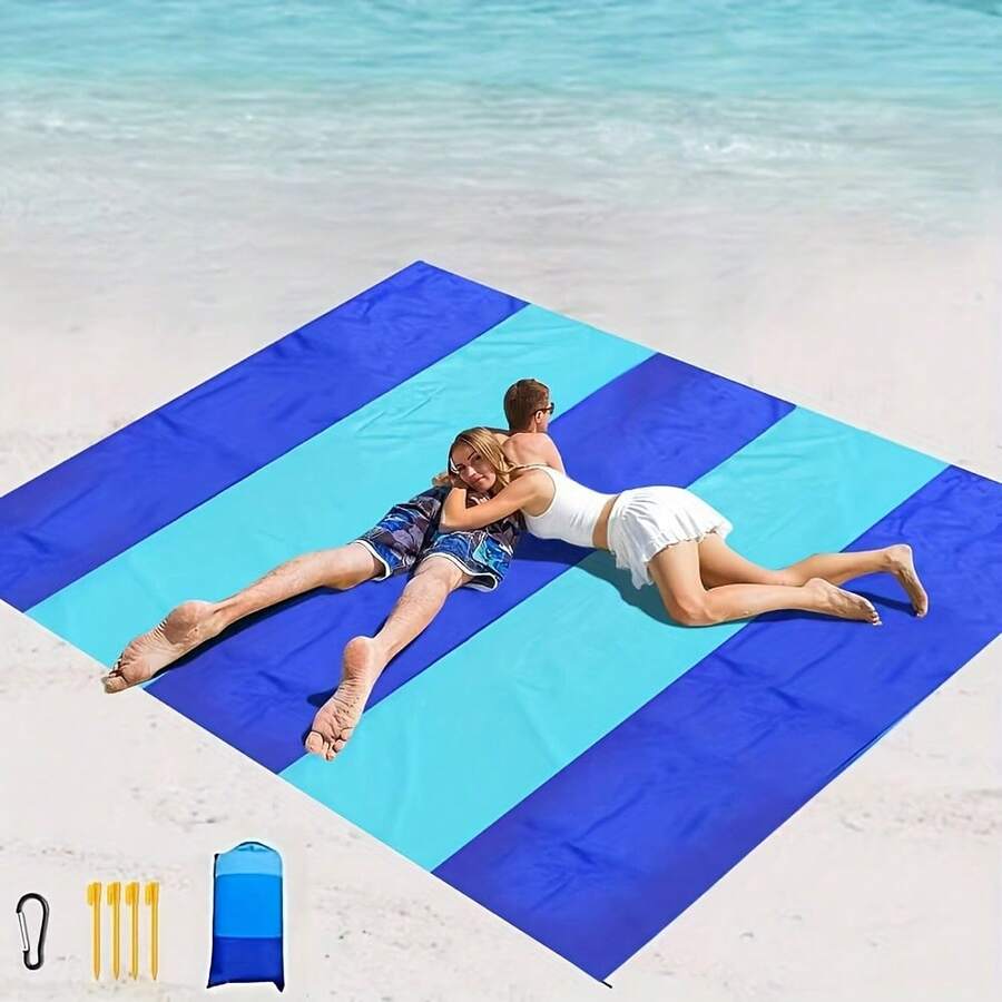 [4-7 Adults Beach Blanket] Lightweight Oversized Picnic Beach Blanket| 4-7 Adults, Sandproof, Large Picnic Mat For Beach Travel Camping Hiking - 藍橙 - 查看 1
