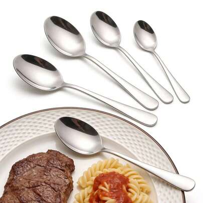 5pcs Stainless Steel Spoons, Main Course Spoon, Dessert Spoon, Coffee Spoon, Ice Cream Spoon, Watermelon Spoon, Tableware Soup Spoon For Adults