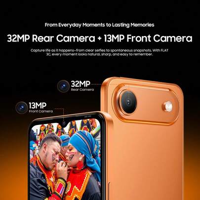 Blackview OSCAL FLAT 3C 解鎖 4G 智慧型手機，Android 16 系統，6.56 吋 HD+ 螢幕，八核心處理器，4GB+8GB 可擴充記憶體，64GB/128GB ROM，最高支援 1TB SD 卡擴充，13MP+32MP 雙鏡頭，側邊快捷鍵，5000mAh 大電池，3 個卡槽，雙卡雙待（不含充電器）