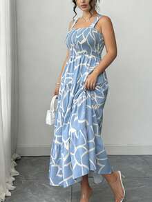 Vestido elegante de tiras finas con volantes en el bajo y estampado floral para mujeres de talla grande para vacaciones - Azul claro - Ver 2