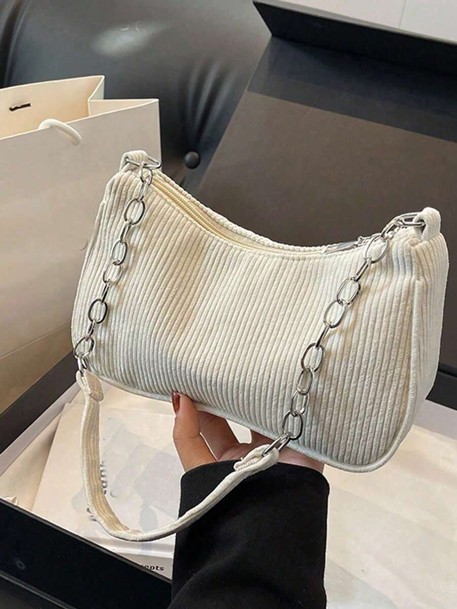 Mini Solid Color Underarm Shoulder Bag, Corduroy Small Bag, Minimalist Casual Versatile Handbag, Large Capacity Zipper Baguette Bag, Suitable For Shopping, Coin Purse, Date, Travel, Phone Pouch