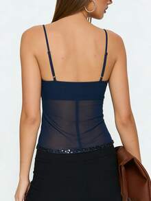 Women's Solid-Color Slim-Fit Rhinestone-Embellished Camisole - Women's Summer Casual, Versatile, Vacation  Street-Style Tank Top - 藍色 - 查看 2