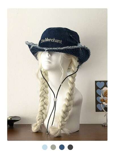 1 chiếc mũ xô denim bạc màu rách rưới, mũ xô cao bồi cổ điển bạc màu dành cho nữ, mũ vành rộng chống nắng mùa xuân/hè ngoài trời.