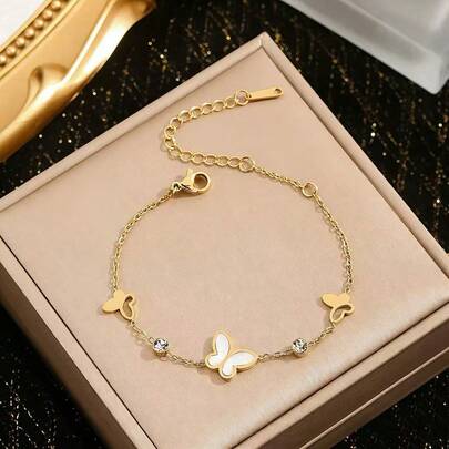 1pc Fashion Hollow Shell Butterfly Bracelet, Stainless Steel Hollow Rhinestone Chain Bracelet, Suitable For Women's Daily Wear And Various Occasions