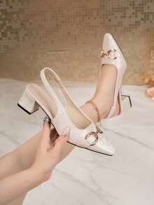 Giày sandal bít mũi thanh lịch dành cho nữ, gót trung bình, mũi nhọn, khóa kim loại, giày đi làm đa năng, giày thường ngày thoải mái. - Màu be - Xem 6