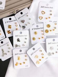 5套（15对）时尚简约精致蝴蝶心形星星不锈钢耳钉套装，适合女士派对、婚礼、日常佩戴，混搭风格，珠宝礼品 - 隨機5組不鏽鋼耳釘 - 查看 2