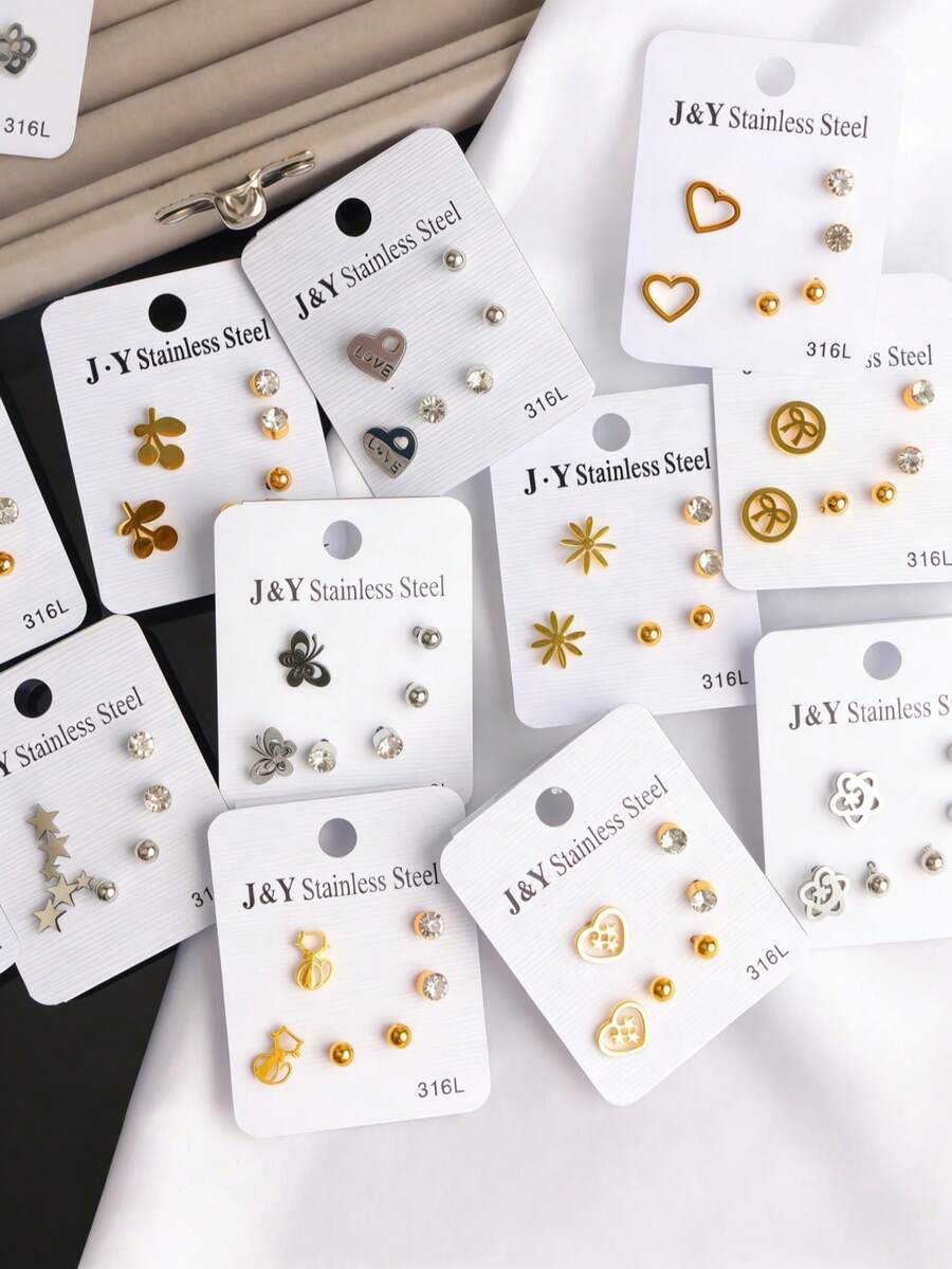 5套（15对）时尚简约精致蝴蝶心形星星不锈钢耳钉套装，适合女士派对、婚礼、日常佩戴，混搭风格，珠宝礼品