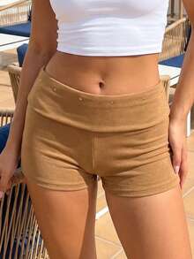 Mini Shorts For Women Low Rise Fashion Rivet Decor Decor Hot Pants Summer Fold Over Waistband Micro Shorts - Brown - View 3