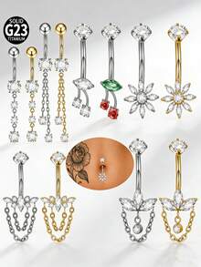 1 chiếc khuyên rốn bằng titan G23 đính đá CZ, kiểu dây chuyền, hình hoa cong, khuyên rốn đính đá CZ. - Như thể hiện trong hình ảnh - Xem 9