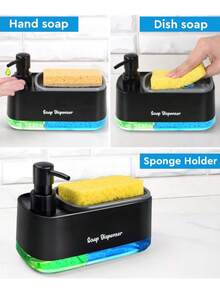 厨房水槽三合一皂液器套装 | 洗洁精/洗手液泵，带海绵架 | 节省空间，时尚黑色” - 皂液盒 - 查看 4