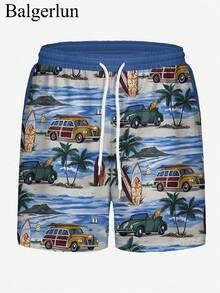 Short d'été pour hommes, maillots de bain hawaïens monocouches sans doublure, shorts de plage décontractés à taille élastique et cordon de serrage avec imprimé 3D vintage numérique de cocotiers pour les vacances et l'extérieur - Multicolore - Voir 2