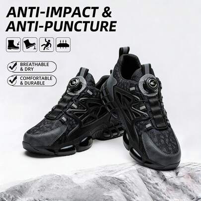 1双轻便EVA鞋底工作靴，男士安全钢头鞋，黑色，坚固耐用，防刺穿透气，适用于仓库、钢铁行业、户外工作等场合，也可作为休闲鞋日常穿着，例如徒步旅行、登山、锻造车间、建筑工地等。