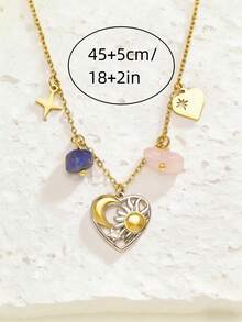 1pc 18K Gold Plated Women's Stainless Steel Necklace, Ins Style Sun, Star, Moon Design With Colorful Stones, Bohemian, Pendant Necklace, Delicate Gift, Elegant Necklace, Gold Necklace - Multicolor - View 3