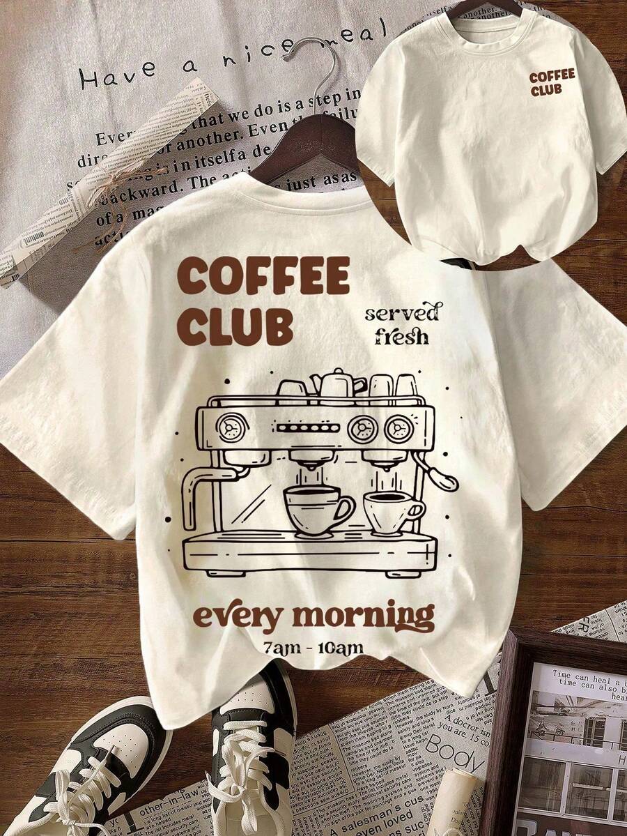 咖啡俱乐部，女士夏季上衣，女士度假装，女士T恤，夏季服装，印花T恤，女士夏季服装，女士沙滩装，大码T恤 - 女士休闲圆领短袖T恤 白色 - 白色 - 查看 1