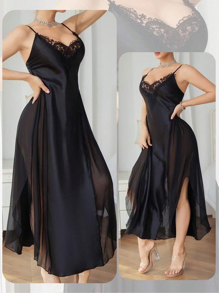 Sling-Style Long Nightgown In White And Black With Side Slits, High-End Thin V-Neck Over-Knee Slip Nightdress - 黑色 - 查看 1
