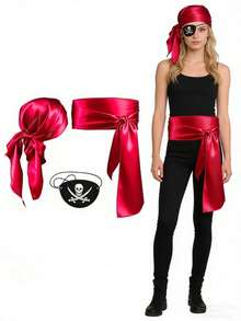 1-3件套万圣节新款缎面海盗头箍、腰带、毛毡骷髅眼罩，趣味角色扮演中世纪文艺复兴海盗服装配饰，化装舞会，圣诞派对魔术服装道具 - 彩色 - 查看 3