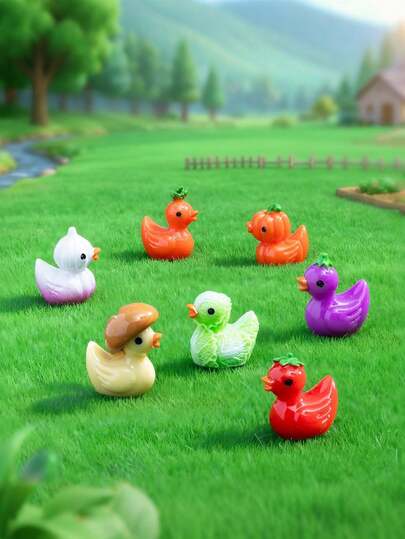 12pcs Vegetable & Duck Decor Set, Miniature Landscape Decorations, Enrich Office, Bedroom And Other Spaces, Cute Soft Colorful Details Bring Vitality, Water Decor, Gardening Accessories Creative Resin Crafts, Duck DIY Decorations, 3D Duck Ornaments