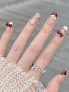 10pcs/Set Press On Manicure, Milk Tea Bubble, Cute Bowknot, Red French Tip, Polka Dots, Glitter, Glass Bead Handcrafted Wearable Nails - Multicolor - View 2