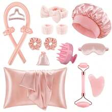 16件組女用睡眠造型工具組 - 無熱捲髮組，包含隔夜捲髮器、睡眠帽、枕套和睡眠眼罩 - 1個髮帶和2個腕帶，女王級捲髮睡眠組，無熱捲髮組，適合情人節、母親節、婚禮及其他場合的優雅禮物 - 彩色 - 查看 12