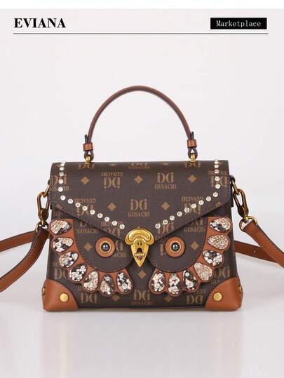 2026 Niche Design Fashion New Women's Structured Mini Square Bag, Retro Color Block Printed Heavy Hardware Owl Rivet Bag, Elegant Commuter Tote Bag For Mothers, Luxury Large Capacity Shoulder Crossbody Bag