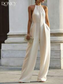 DONICY Elegant Cream Jumpsuit, Women's Chic Wide Leg Jumpsuit With Collared Neck & Smocked Waist, Sexy Backless Vacation Romper - Apricot - View 1