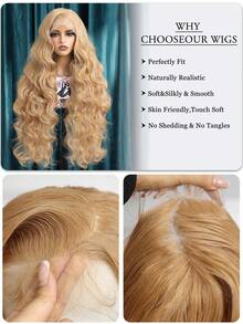 优雅蜜金色渐变波浪卷蕾丝前假发，13x4蕾丝前假发，带婴儿发，日本进口合成纤维，28英寸，适合日常佩戴、家庭聚会、节日、派对、角色扮演、情人节等场合。 - 杏色 - 查看 8