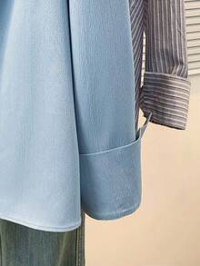 Plus Size Cardigan Collar Blouse With Frill Detail Long Shirt Sleeve Button Embellished Woven Fabric Regular Length Top Spring - Blue - View 6