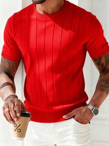 GRDR Men's Summer Ribbed Crew Neck Lightweight Knit Short Sleeve Sweater - Red - View 2