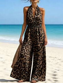 Women's Leopard Print Casual Halter Jumpsuit, Waist Cinched, Summer Vacation Elegant - Camel - View 1