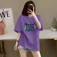 ¡Top de gran  2026!Camiseta de manga corta 100% algodón para mujer, nuevo estilo de verano 2026, corte holgado, estampada, de media manga, de alta gama, estilizadora, top de gran . - Azul marino [100% algodón] - Ver 7