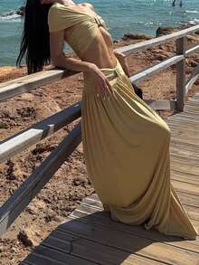 PoPoHouse Women's Elegant Two Pieces Set Sexy Off Shoulder Ruched Crop Top & High Waist Flowy Maxi Skirt For Summer Beach Vacation Party Wedding Guest Going Out Outfit Light Yellow Two Pieces Set - Light Yellow - View 9