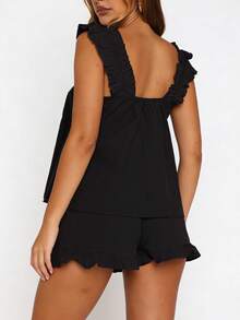 Women Summer Pajama Set Solid Flying Sleeve Tank Tops And Ruffle Shorts 2 Piece Casual Lounge Outfit - Black - View 5