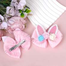 1Pair Easter Bunny Ears Hair Bow Clips For Women Easter Flower Hair Pins Rabbit Hair Accessories Halloween Party Supplies - 粉色 - 查看 3